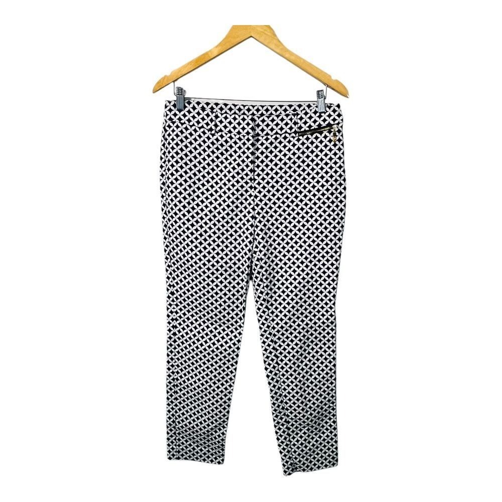 Anne Klein Dress Pants Womens 10 Navy Blue White Geometric Floral Slim Ankle‎